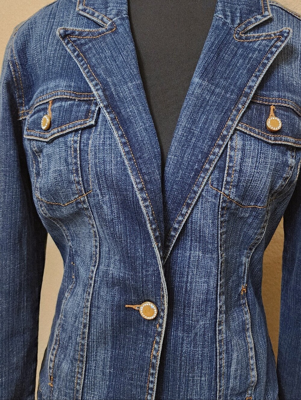 Gloria Vanderbilt Fitted Blue Denim Blazer Jacket